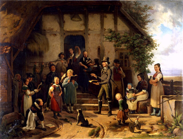 Carl Schröder Der Dorfschulmeister seine Gebühren einsammelnd 1854